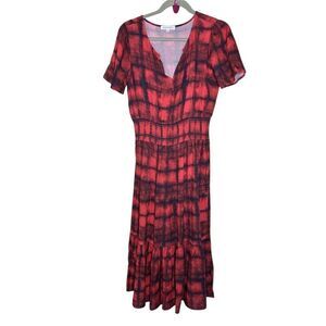 Mododoc Women's Tie-Dye Midi Dress Red V-Neck Short Sleeve Standard Size S